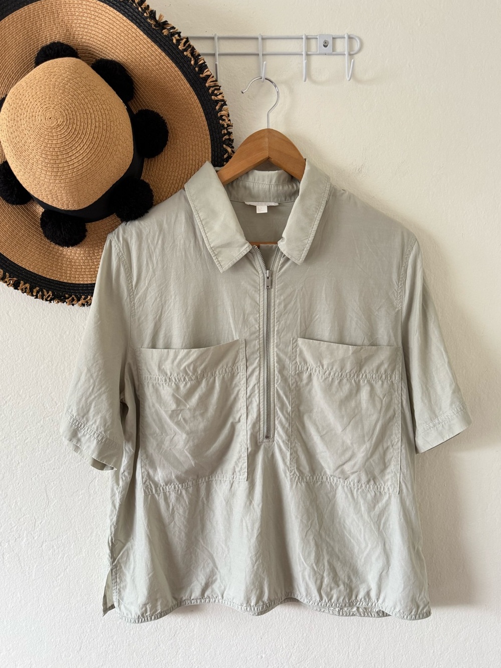 COS Sage Green Gray Half Zip Collared Short Sleeve Top Size 10 Utility Shirt - Picture 3 of 11